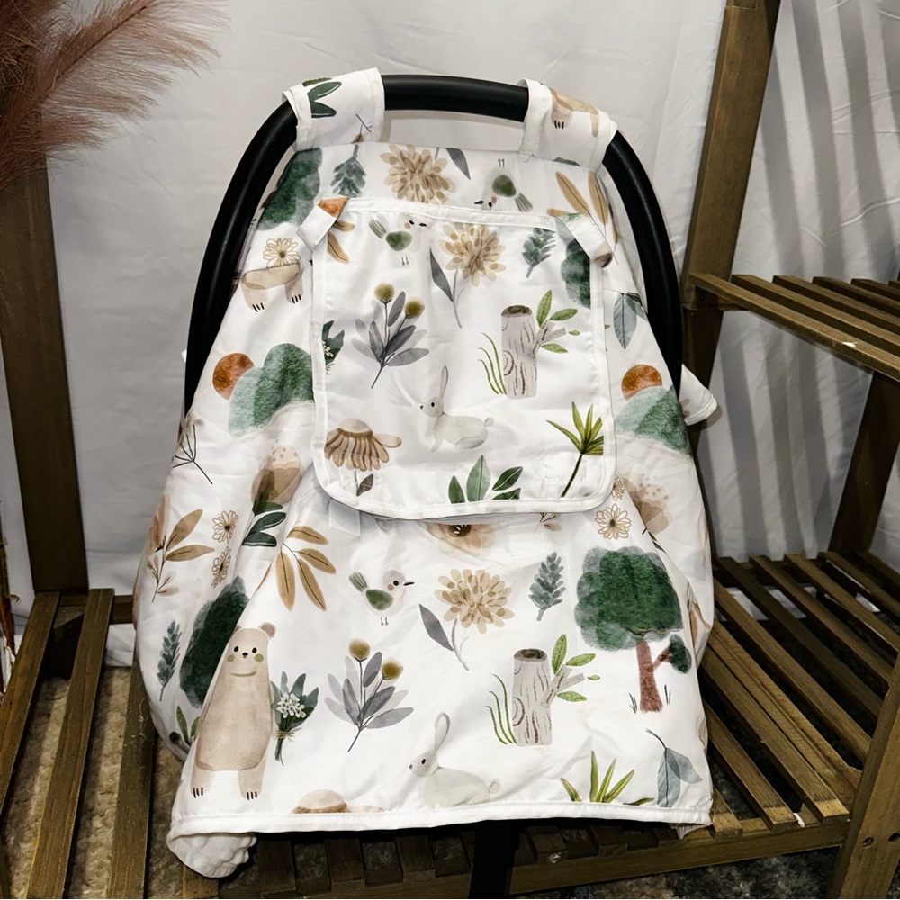 🌲🐻 Floral Animal Print Woodland Minky Car Seat Cover 🐻🌲